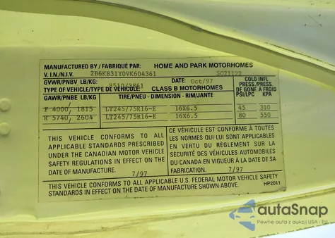 1997 Dodge Ram Van B3500 z USA, uszkodzony, nr VIN 2B6KB31Y0VK604361